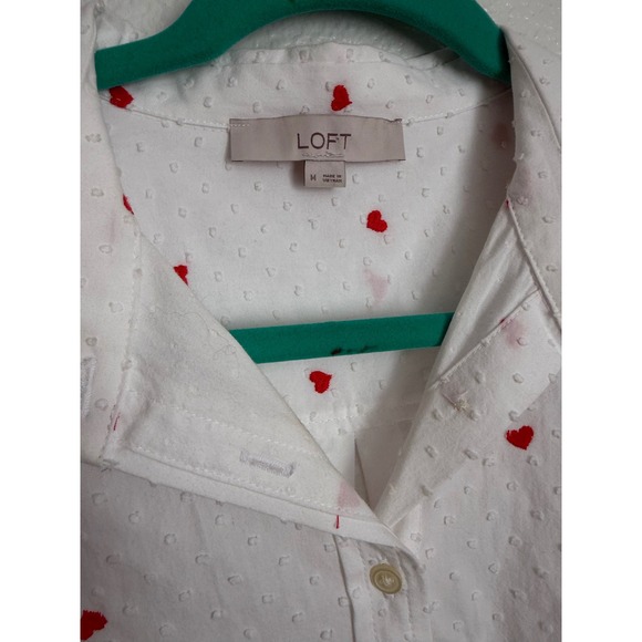 LOFT Womens White Dobby Heart Embroidered Button Down Shirt Size M Red Hearts - Picture 5 of 12